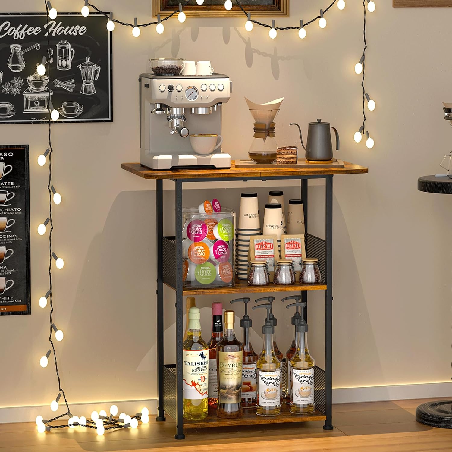 Home Bar Setup - Mini Floor Standing Coffee Bar Shelf,3-Tier